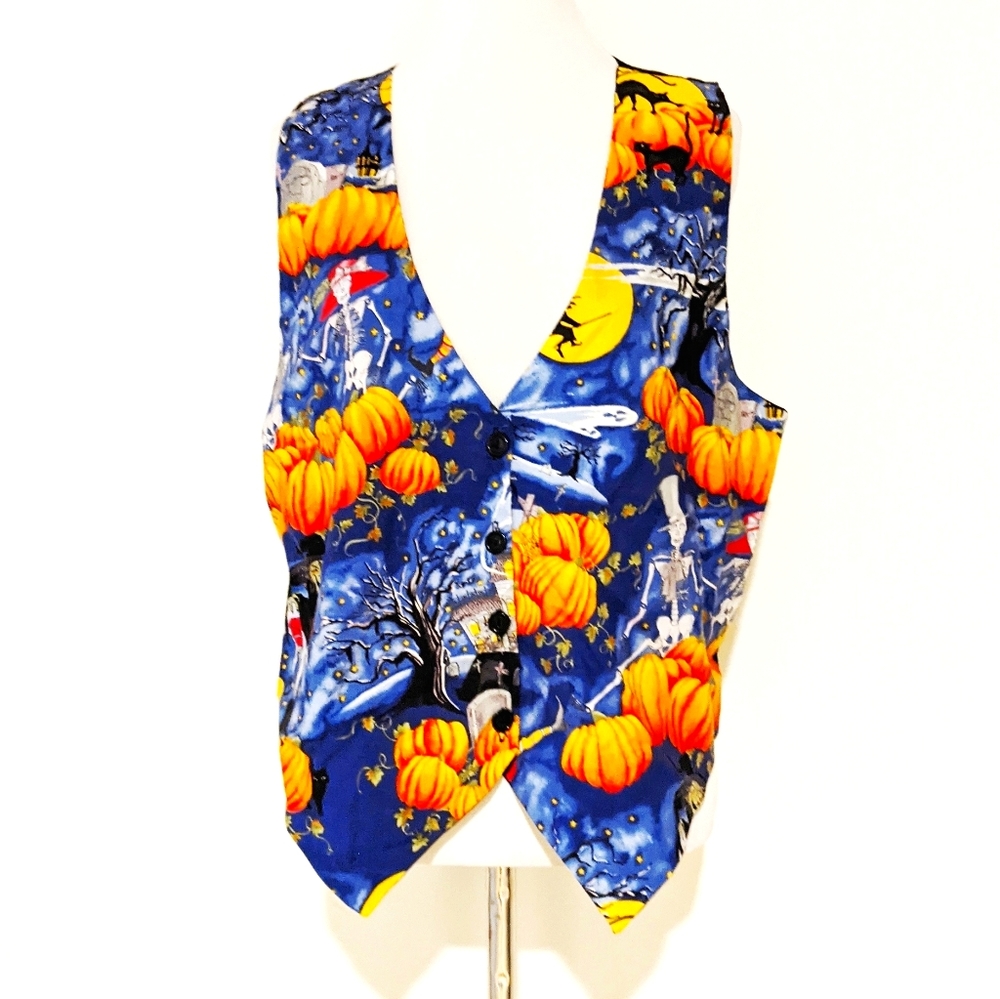 Vintage 90s Halloween Vest Witch Cat Pumpkin Skeleton